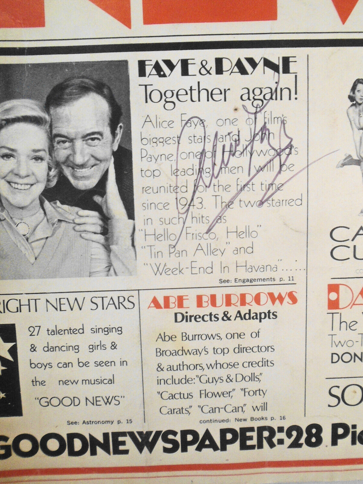 SIGNED Alice Faye & Stubby Kaye, et al   Good News souvenir Program, 1974