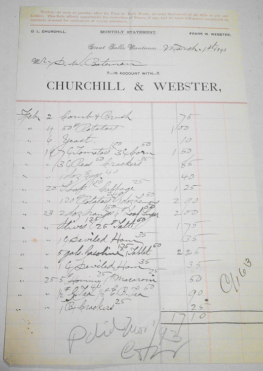 1893 Churchill & Webster Great Falls, MT Monthly Statement