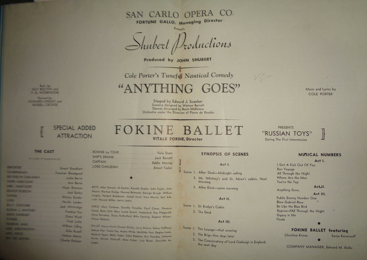 "ANYTHING GOES" - SOUVENIR PROGRAM - 1938 RANDALL'S ISLAND: MUNICIPAL STADIUM NY