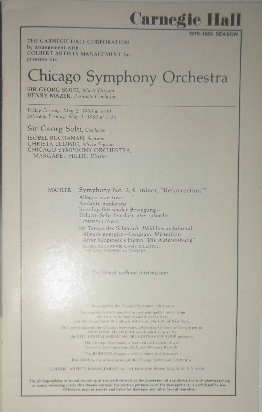 CHICAGO SYMPHONY ORCHESTRA - CARNEGIE HALL STAGEBILL May 2,1980 Christa Ludwig