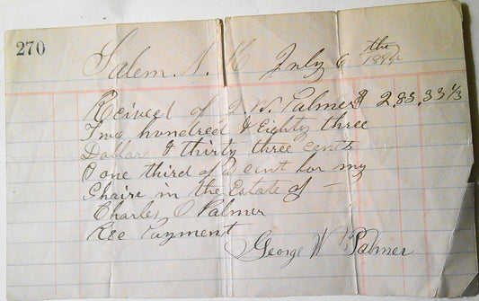 1894 Salem, North Carolina receipt for share of estate of George Palmer