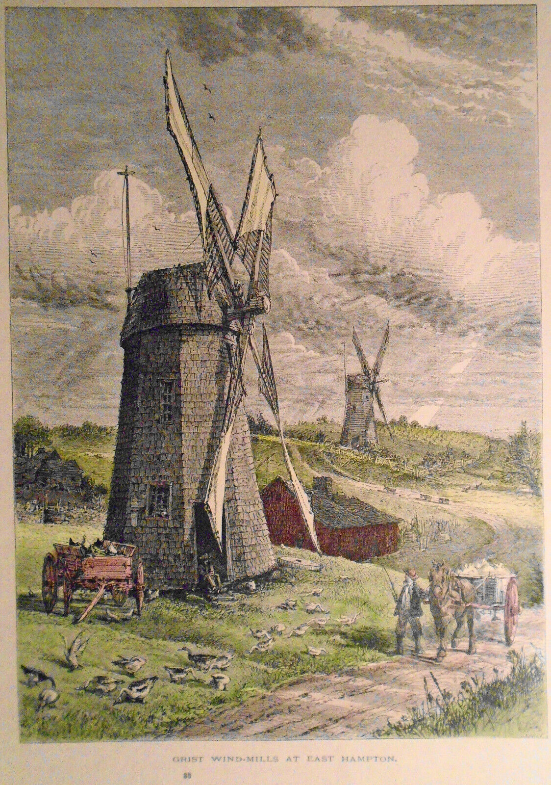 Grist Wind-Mills at East Hampton - Hand-colored - from Picturesque America 1872