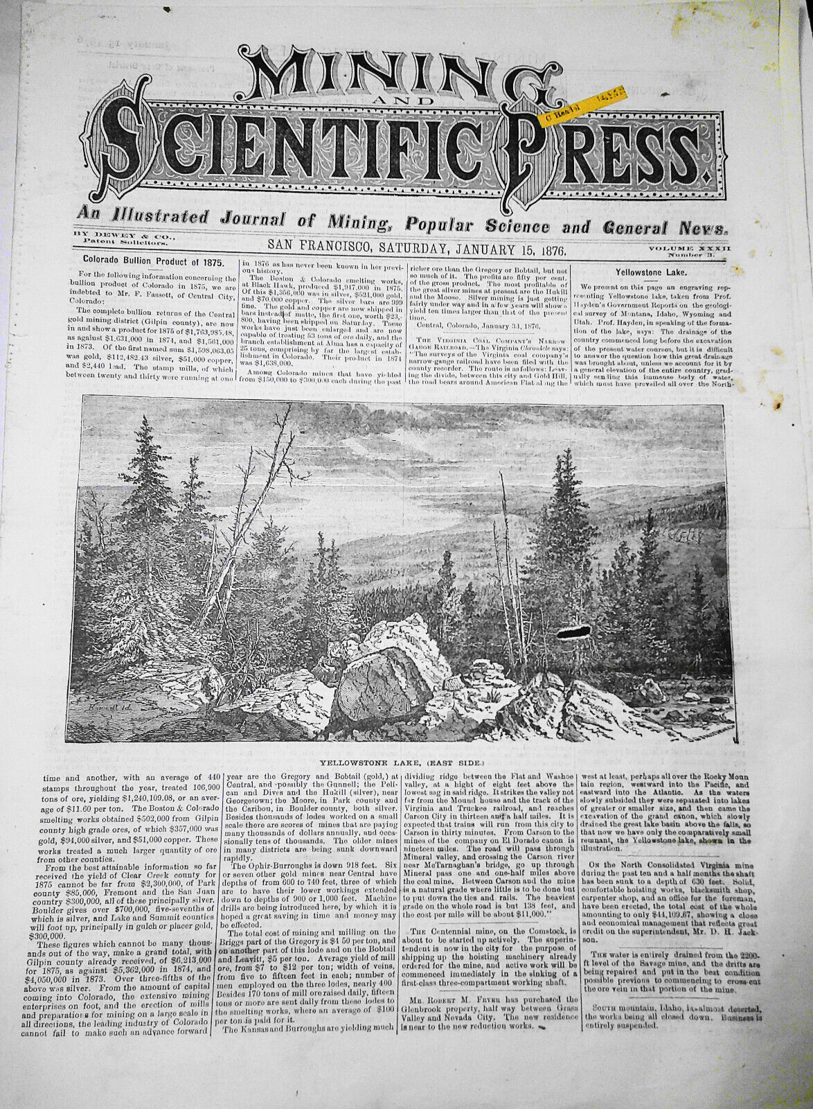 Mining and Scientific Press January 15, 1876. Yellowstone Lake; Colorado Bullion