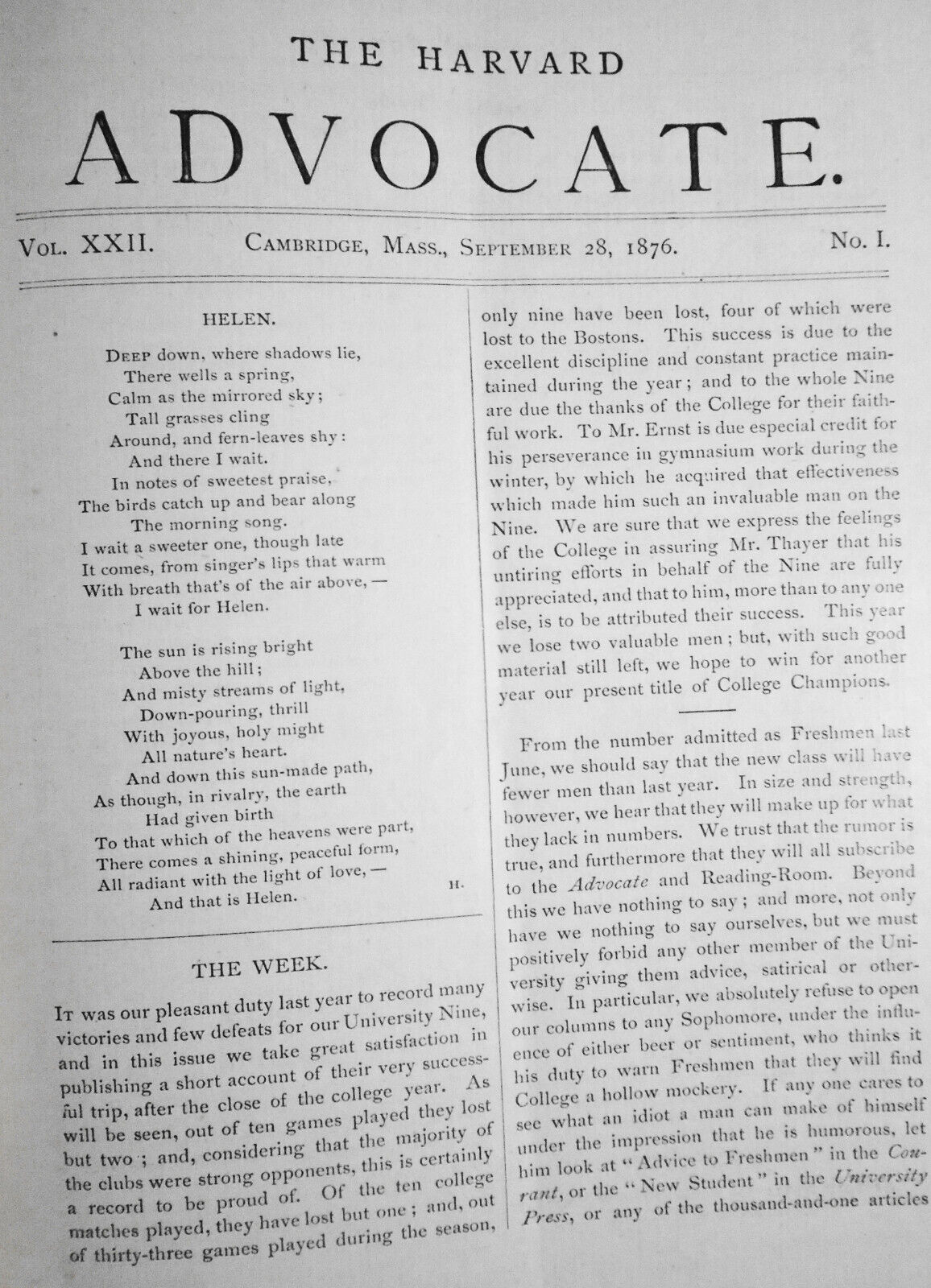 The Harvard Advocate: Vol. 22 & 23 - Sept 28, 1876 to June 22, 1877.  Sports etc