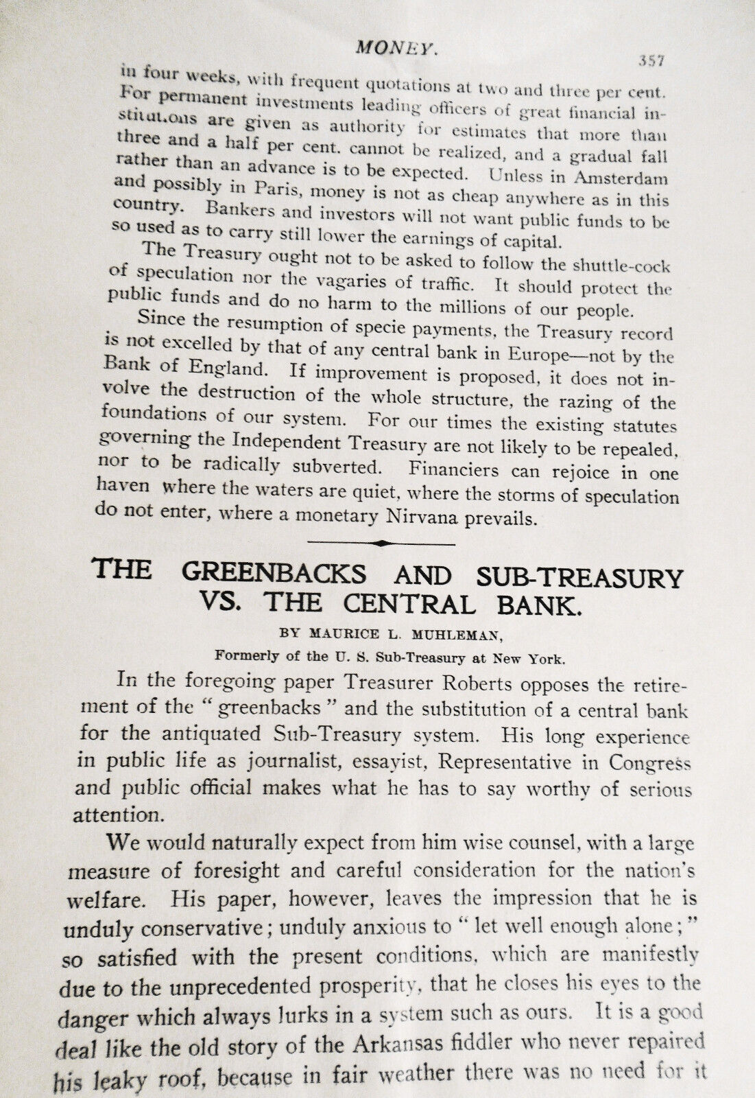 Money Magazine, June 1901. Greenbacks and Sub-Treasury vs. the Central Bank, etc