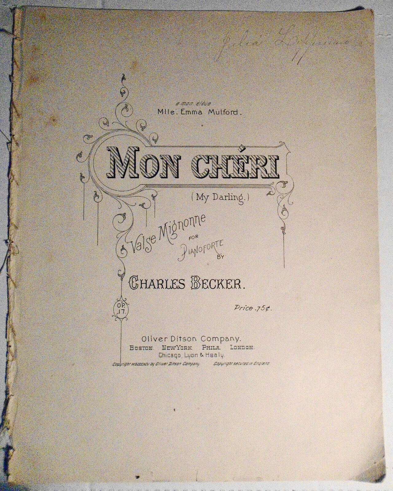 Mon cheri ... Valse mignonne pour piano. Op. 17, by Charles Becker. 1895