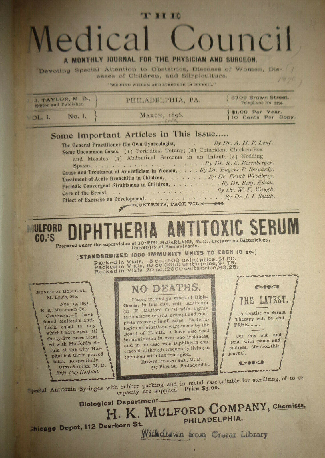 THE MEDICAL COUNCIL, Vol 1, No. 1, 1896. Monthly journal for physician & surgeon