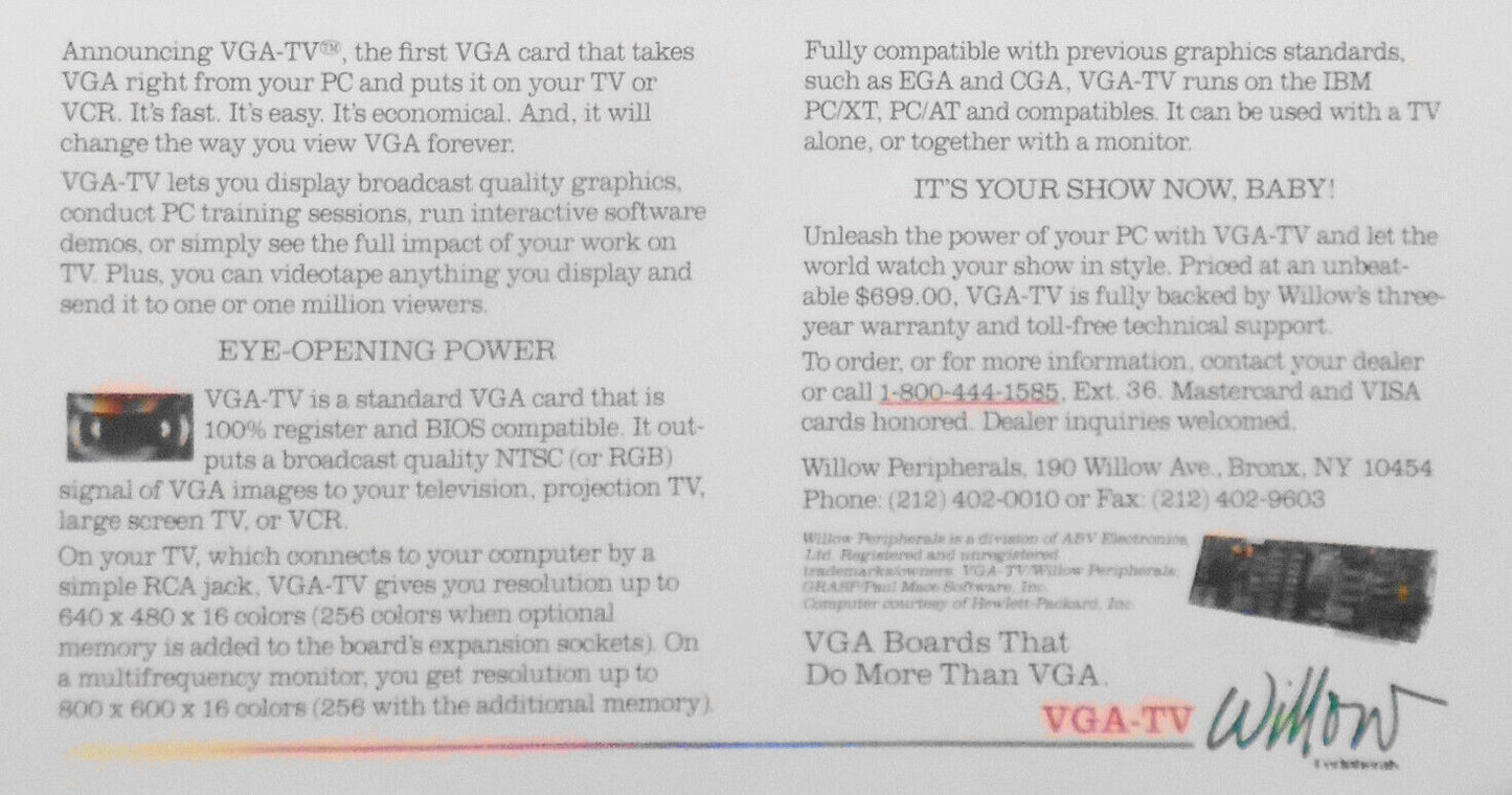 Announcing VGA-TV by Willow Peripherals, 1988. Promo flyer. First such VGA card.