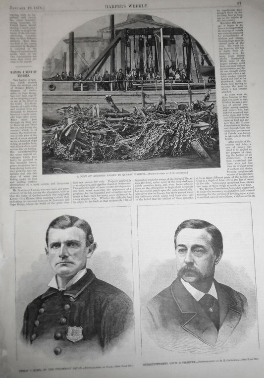 Raising a nest of anchors in Quebec Harbor - Harper's Weekly, January 19, 1878