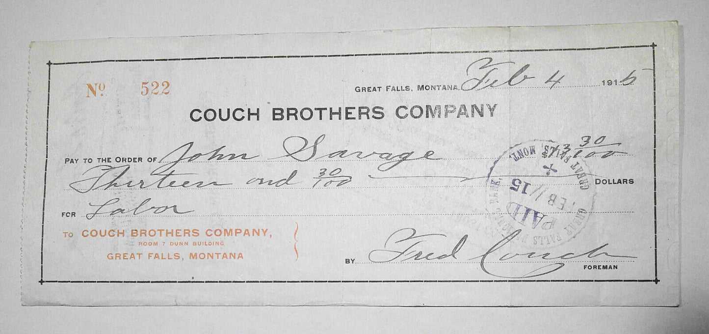 1915 - 2 checks of Couch Brothers Company, Great Falls, Montana.