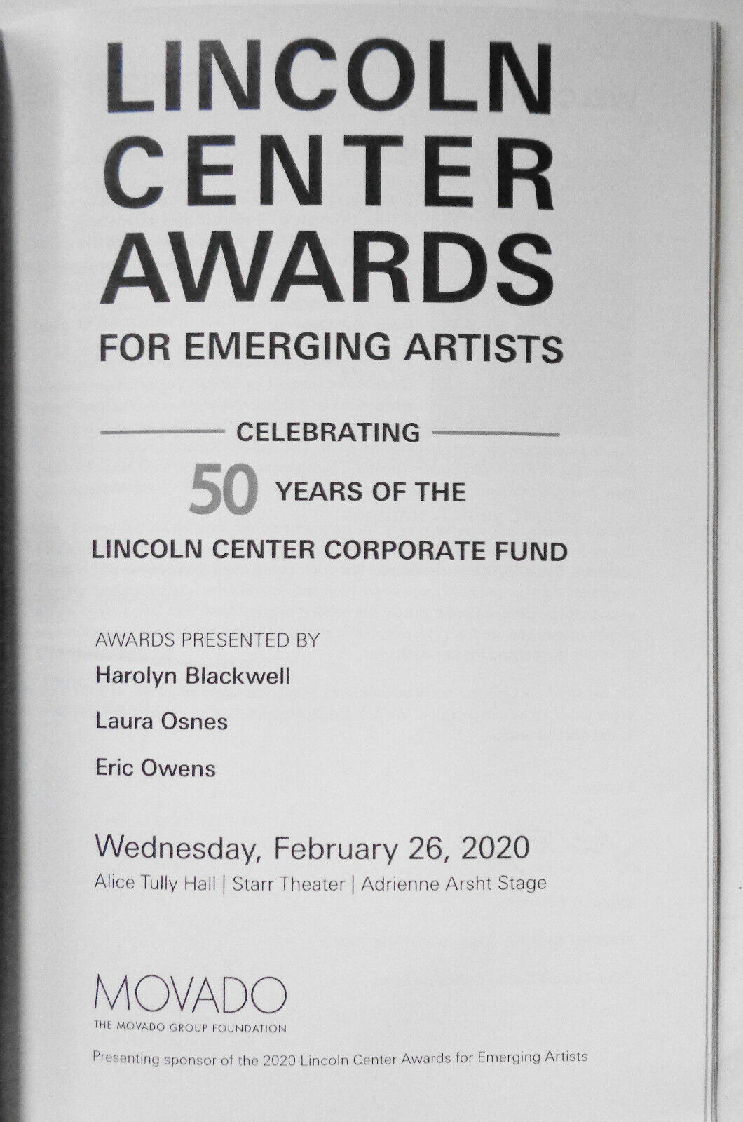 Lincoln Center Awards for Emerging Artists, Playbill, February 26, 2020