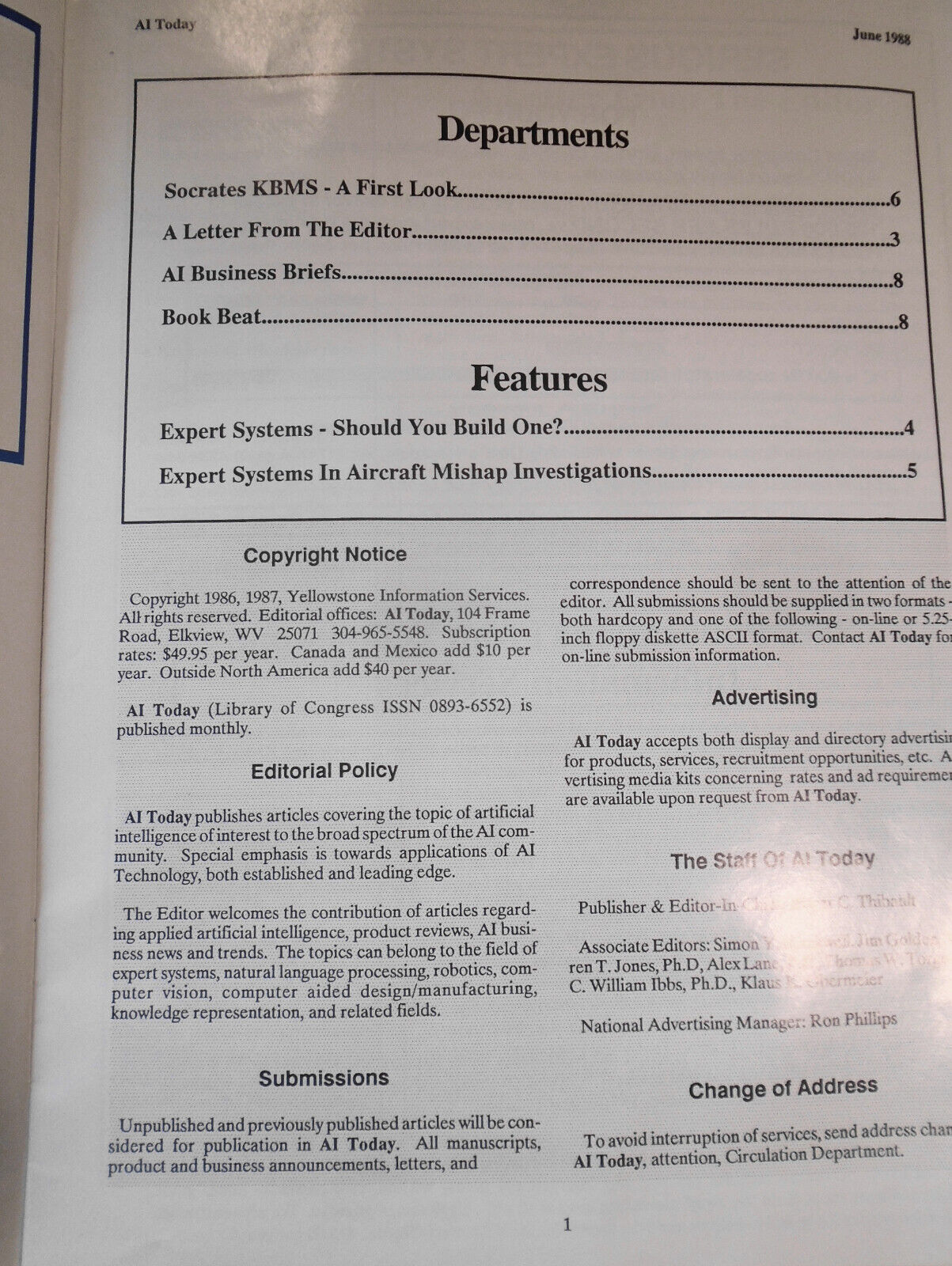 AI Today June 1988. Artificial intelligence, expert systems, natural language...