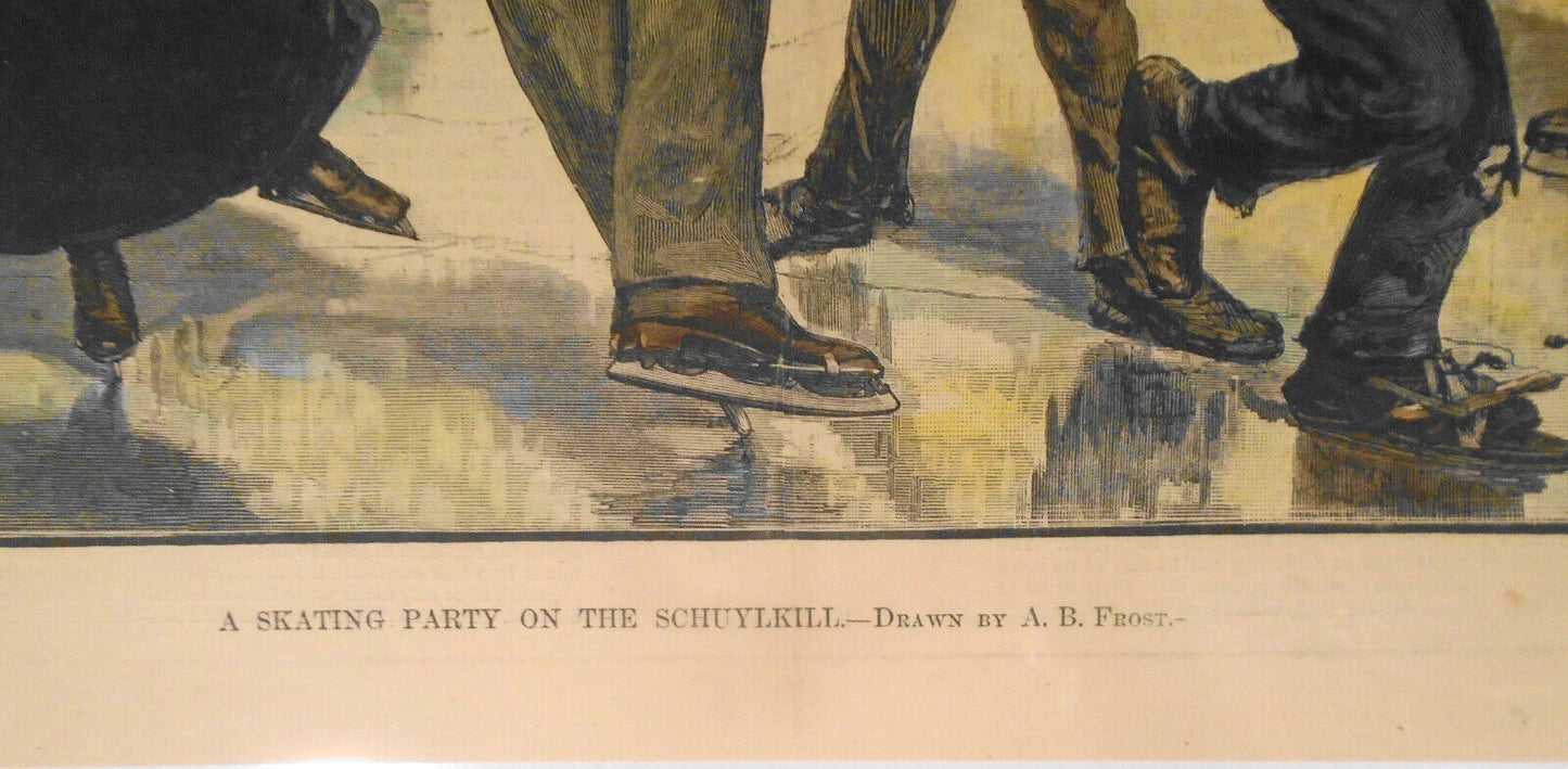 1881 A Skating Party on the Schuylkill, by A. B. Frost. Hand-colored. 22 X 15 in