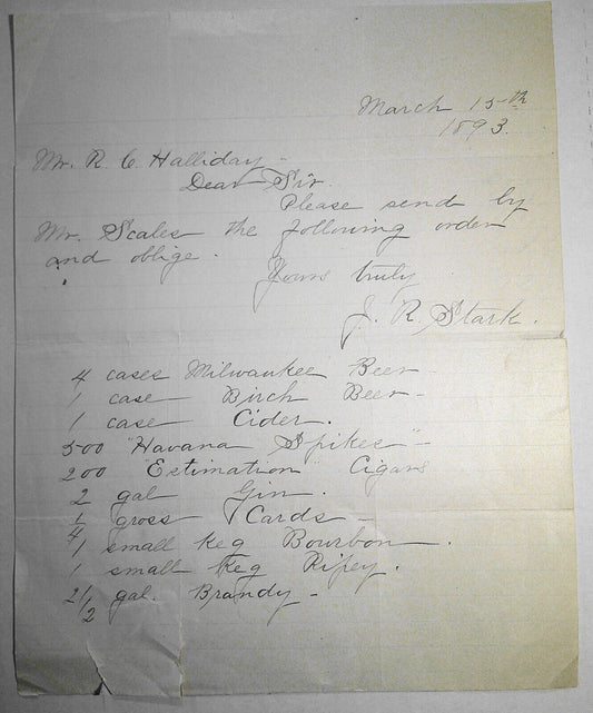 1893 R.C. Halliday and Company, Dillon, Montana - Order for Beer, Cigars etc