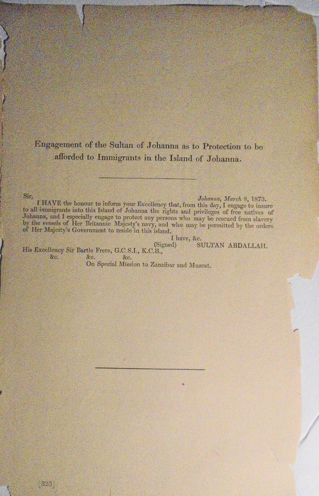 1874 [Slave Trade] Engagement of Sultan of Johanna in protection of  immigrants