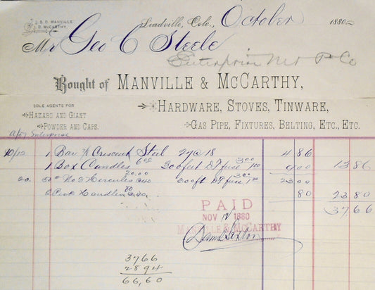 1880 Manville & McCarthy, Hardware... Billhead receipt , Leadville Colorado