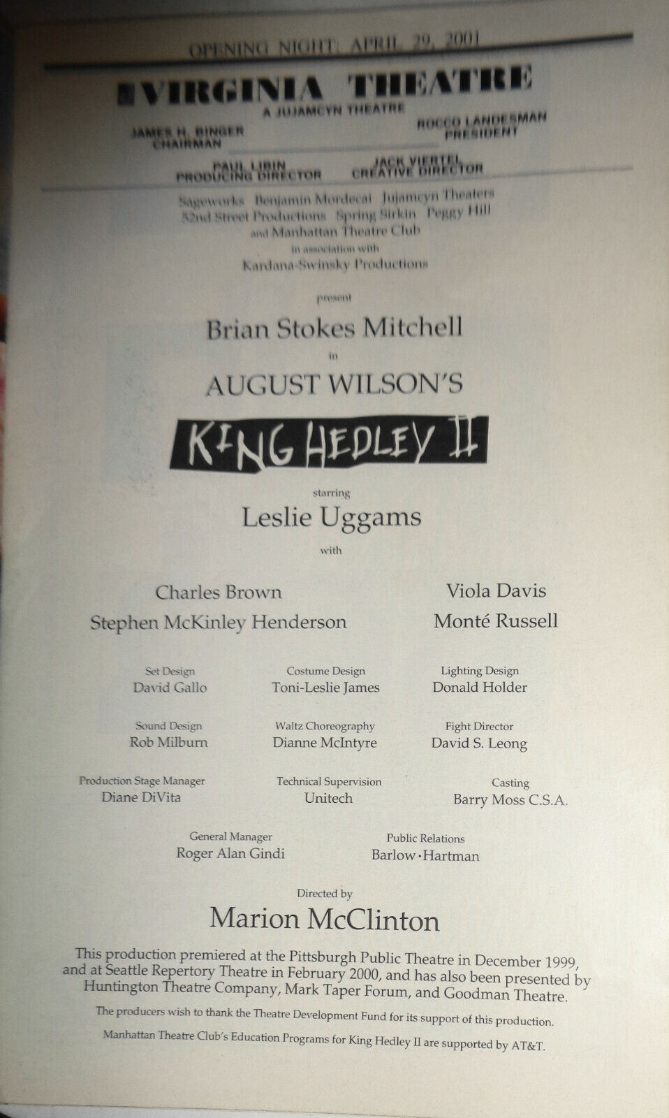 August Wilson's KING HEDLEY II, PLAYBILL Opening Night April  2001 Leslie Uggams