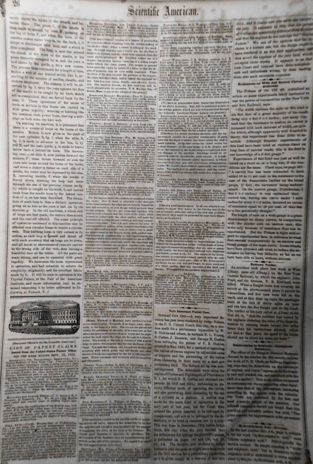 Scientific American, October 6, 1855. Knitting machine; cotton press; alarm bed