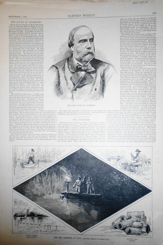 1883 Harper's Weekly - Eel Fisheries of Long Island &  Late Count Of Chambord