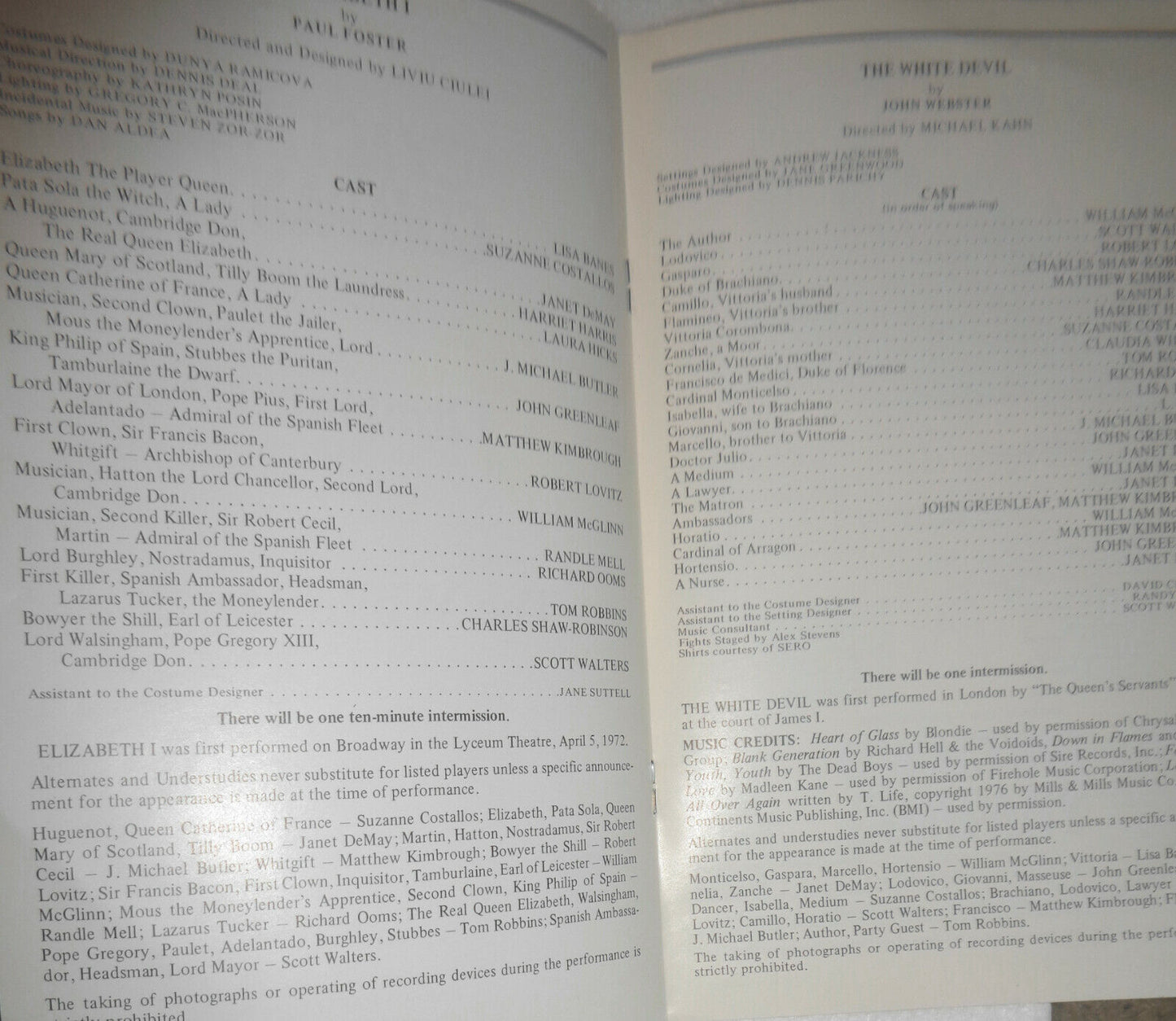 ELIZABETH I   /  THE WHITE DEVIL - PROGRAM - 1980 AMERICAN PLACE THEATRE, NYC