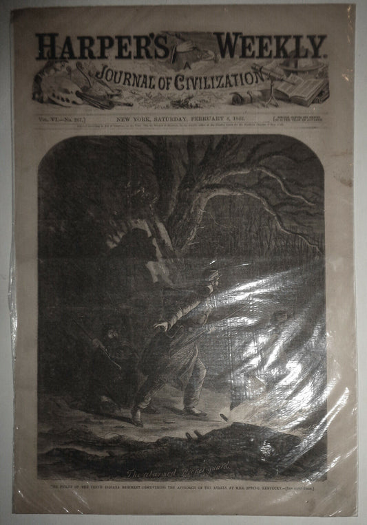 HARPER'S WEEKLY - 1862 - PICKET OF THE TENTH INDIANA REGIMENT .. REBELS KENTUCKY