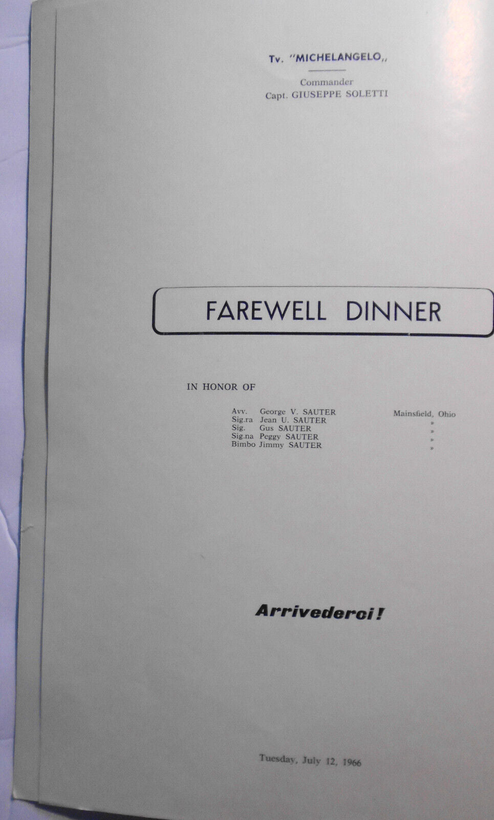 1966 Italian Cruise Ship Menu.