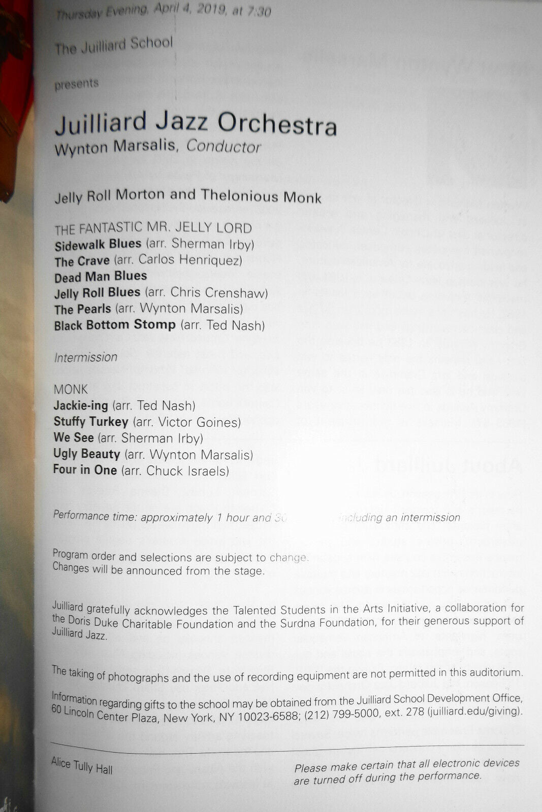 Juilliard Jazz Orchestra Playbill April 2019 - Jelly Roll Morton, Thelonius Monk