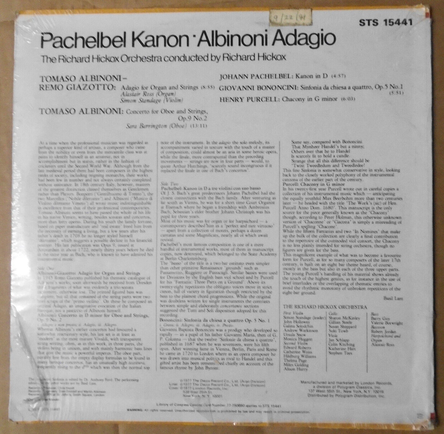 Pachelbel Kanon ; Albinoni Adagio LP ***SEALED*** London Treasury Series Stereo