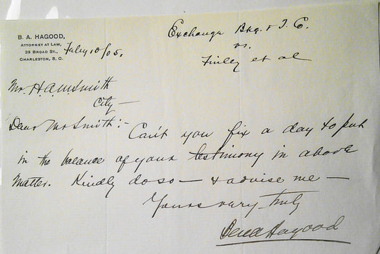 1905 legal letter - B. A. Hagood, Attorney at law, Charleston, South Carolina