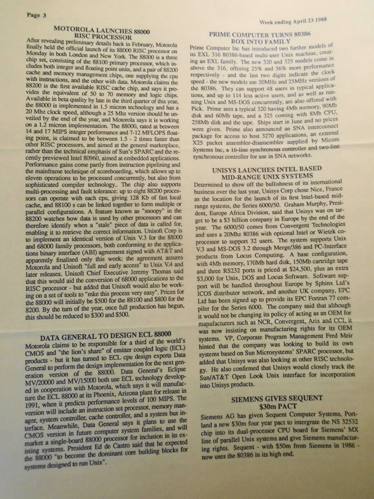 Unigram-X, #176 - April 23, 1988 - London weekly for UNIX manufacturers, et al