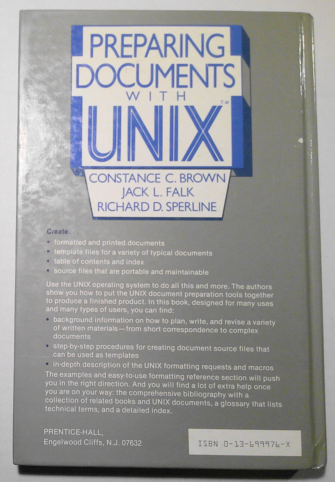 Preparing documents with UNIX by Constance Brown et al. Hardcover Fine 1986 1st