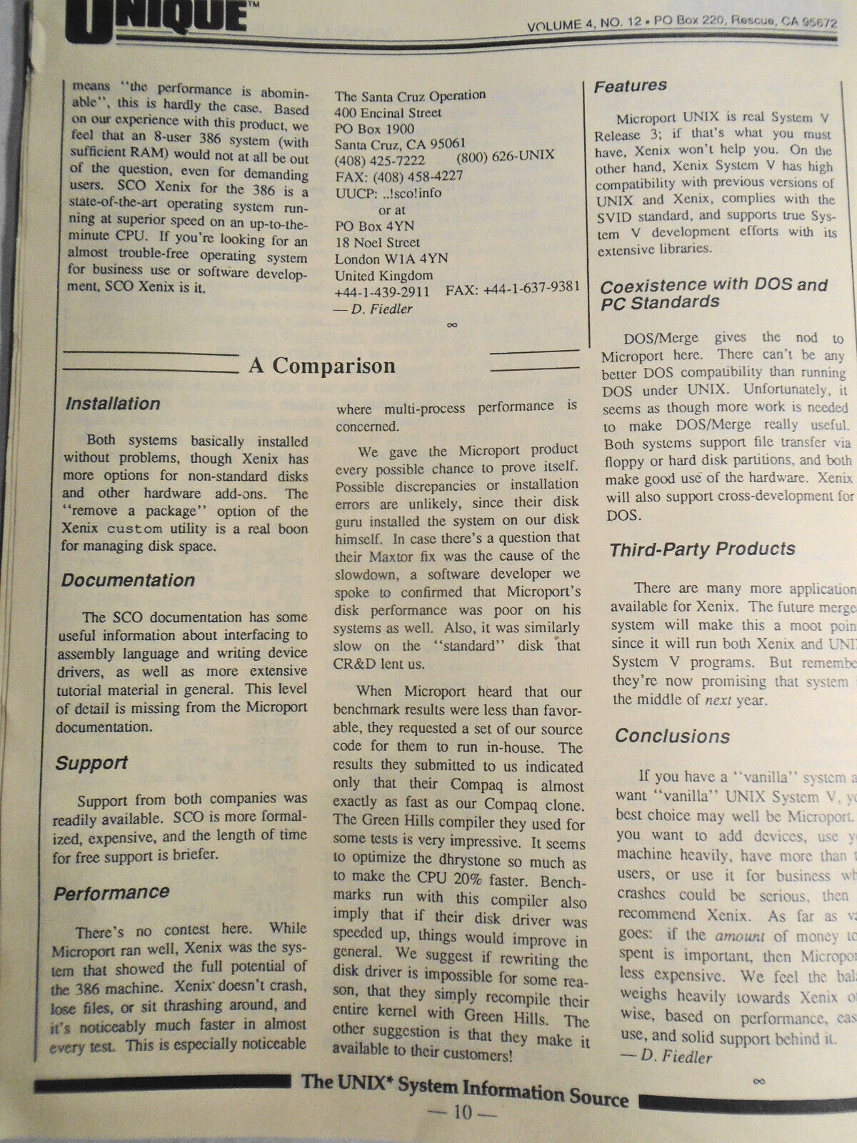 UNIQUE: The UNIX System Information Source  Nov. 1987 - 386 Wars; SCO, Microport