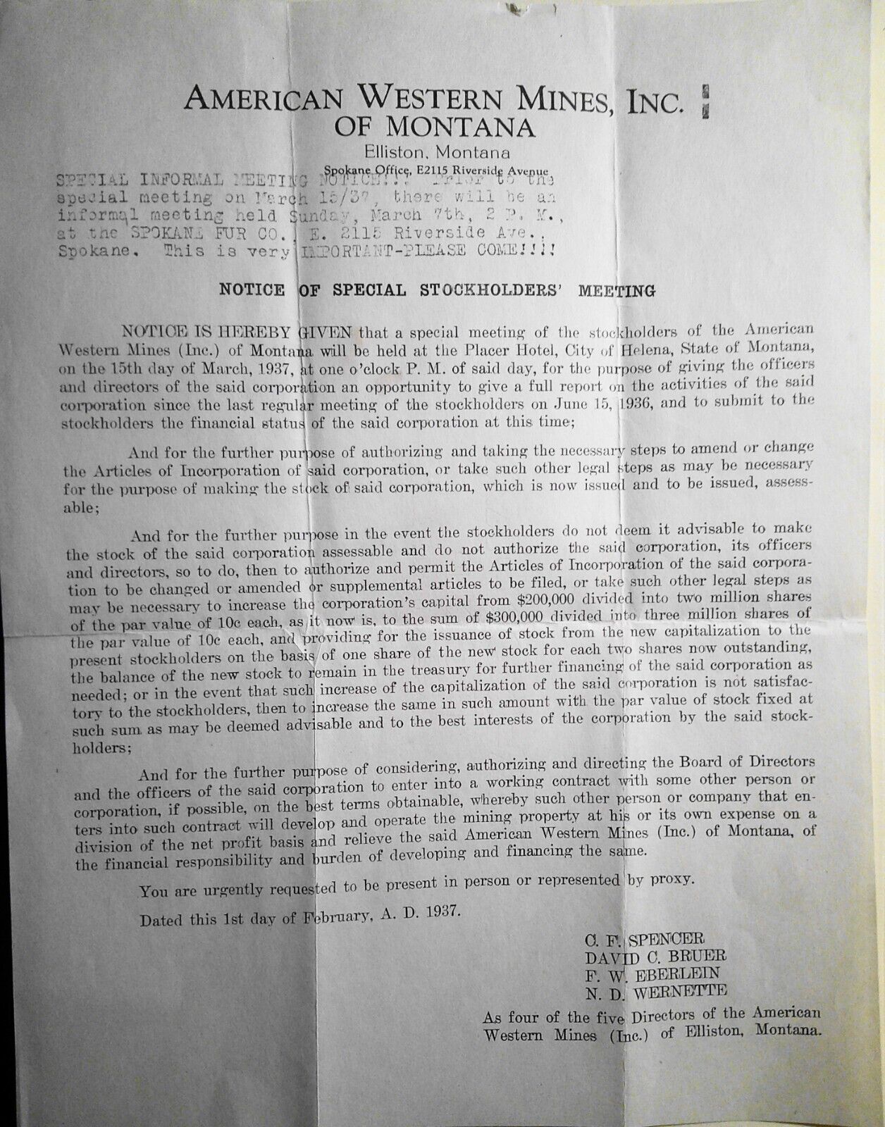 1937 American Western Mines (Inc.) of Montana - Stockholders' Meeting & Proxy