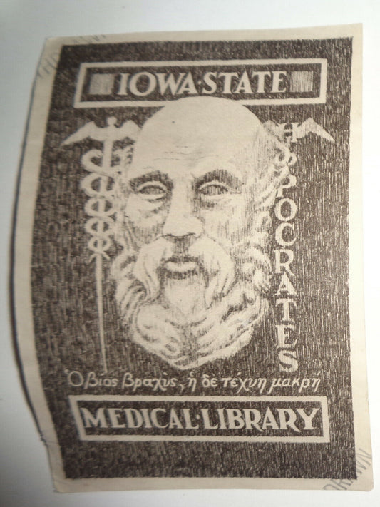 Iowa State Medical Library Ex Libris Bookplate - early 1900s - Hippocrates