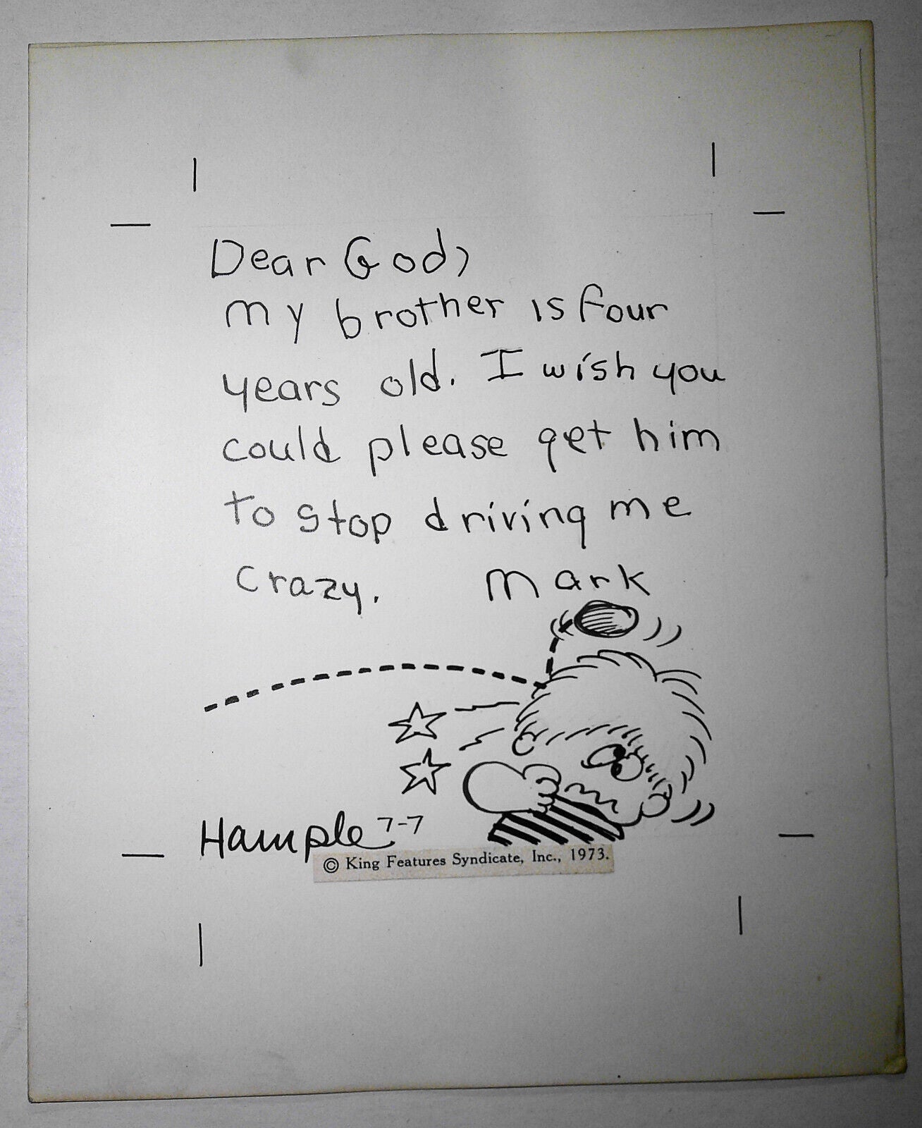 Stoo Hample original signed artwork for "Children's Letters To God" - 1973