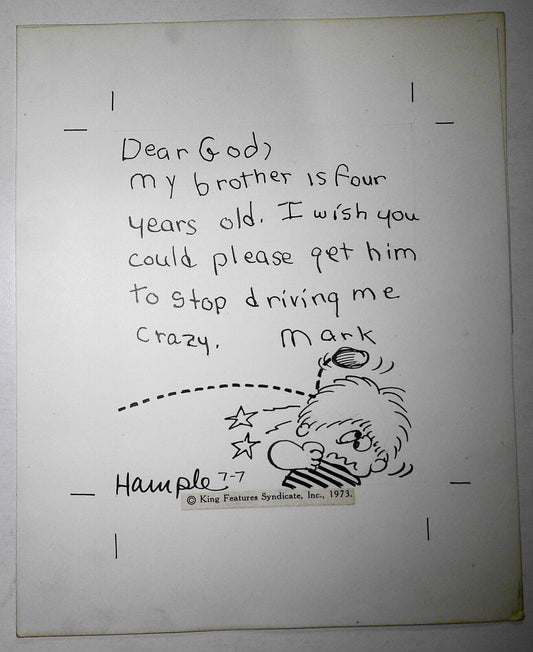 Stoo Hample original signed artwork for "Children's Letters To God" - 1973