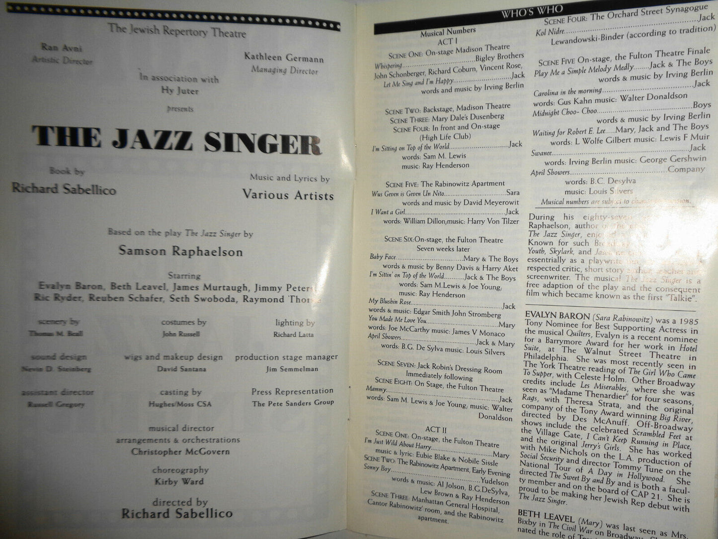 THE JAZZ SINGER - ENCORE - 1999 PROGRAM -  JEWISH REPERTORY THEATRE, NYC