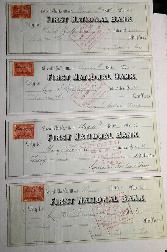 1899 Lot of 4 checks, First National Bank, Great Falls, MT - with revenue stamps