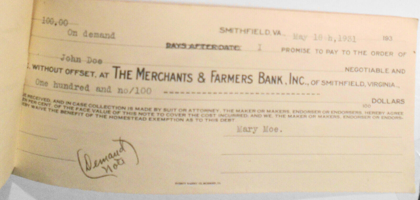 1931 Merchants and Farmers Bank Smithfield VA - 3 Customer's Draft + Demand Note