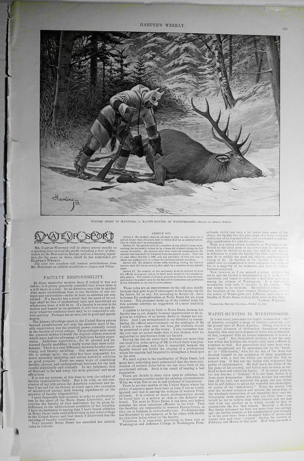 Winter Sport in Manitoba. A Wapiti-Hunter of Winnipegoosis. 1898 Harper's Weekly