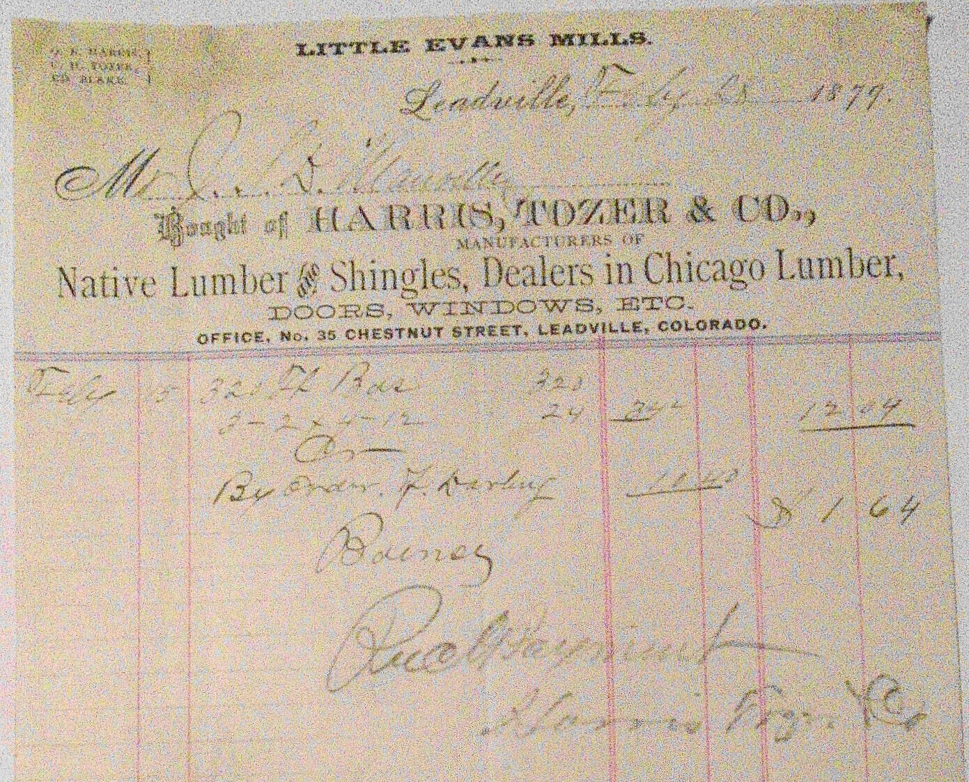 1879 Little Evans Mills billhead receipt Harris, Tozer Co  Lumber. Leadville, CO