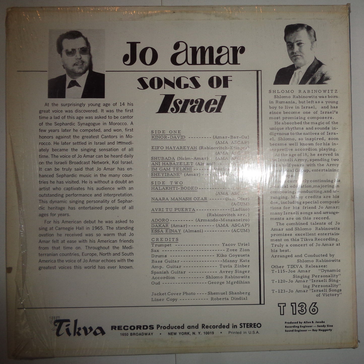 Jo Amar - SONGS OF ISRAEL - vinyl lp - TIKVA RECORDS - T 136 - STEREO