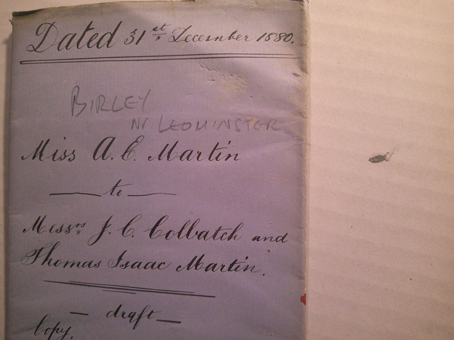 1880 Conveyance of Hereditaments Hereford, England. Miss A E Martin to Colbatch