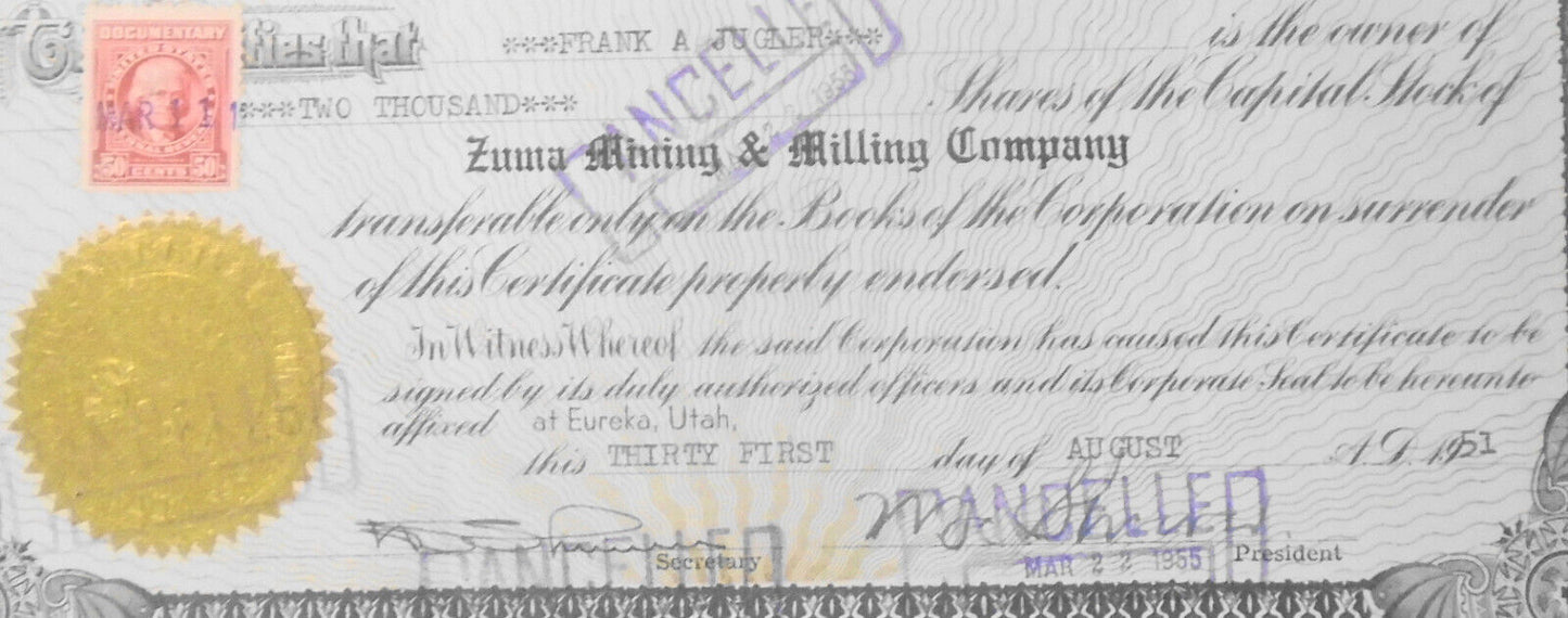 Zuma Mining & Milling Company - Stock Certificate, August 31, 1951