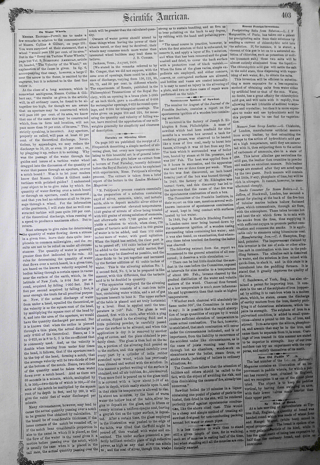 Scientific American, August 30, 1856. Michael Faraday on Silvering Glass; etc