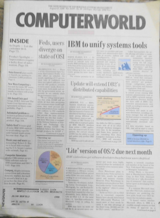 Computerworld Magazine, August 27, 1990 - IBM to unify sytem tools; OS/2 Lite...
