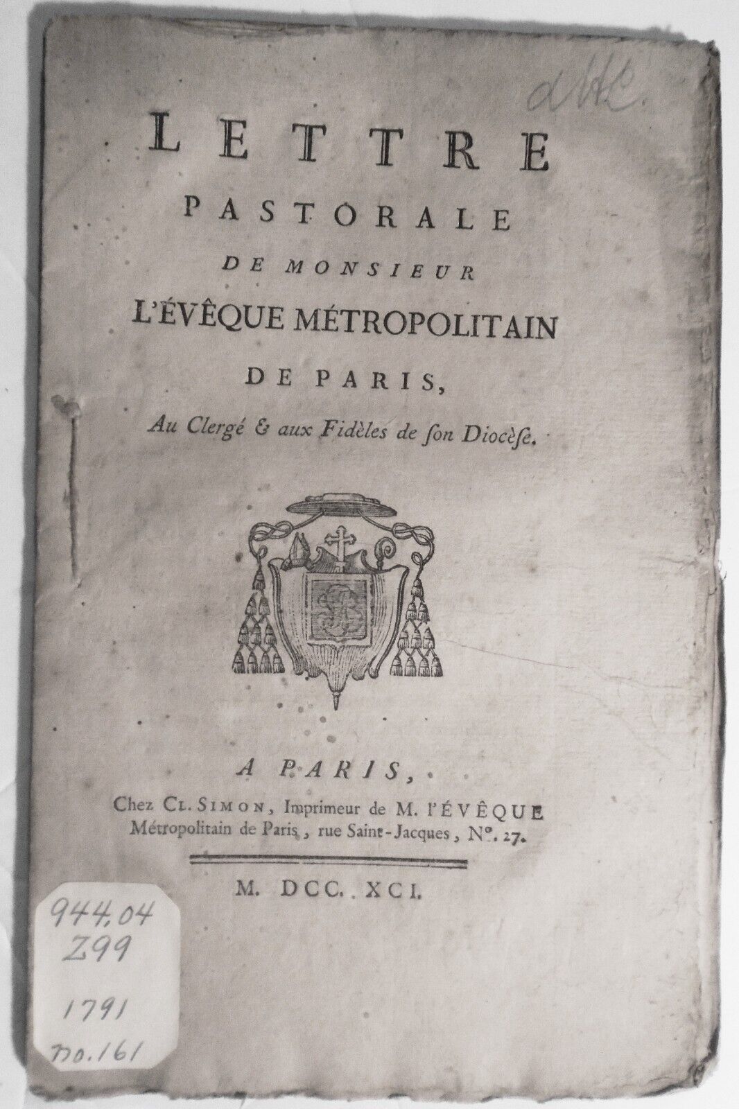 1791 Lettre pastorale de monsieur l'évêque métropolitain de Paris J-B J Gobel