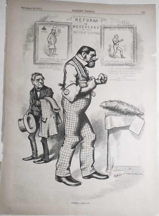 "Putting a Head On"  by Thomas Nast.  Harper's Weekly, 1876. Original print.