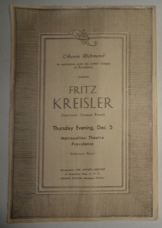 FRITZ KREISLER - PROGRAM - 1935 - METROPOLITAN THEATRE, PROVIDENCE, RI