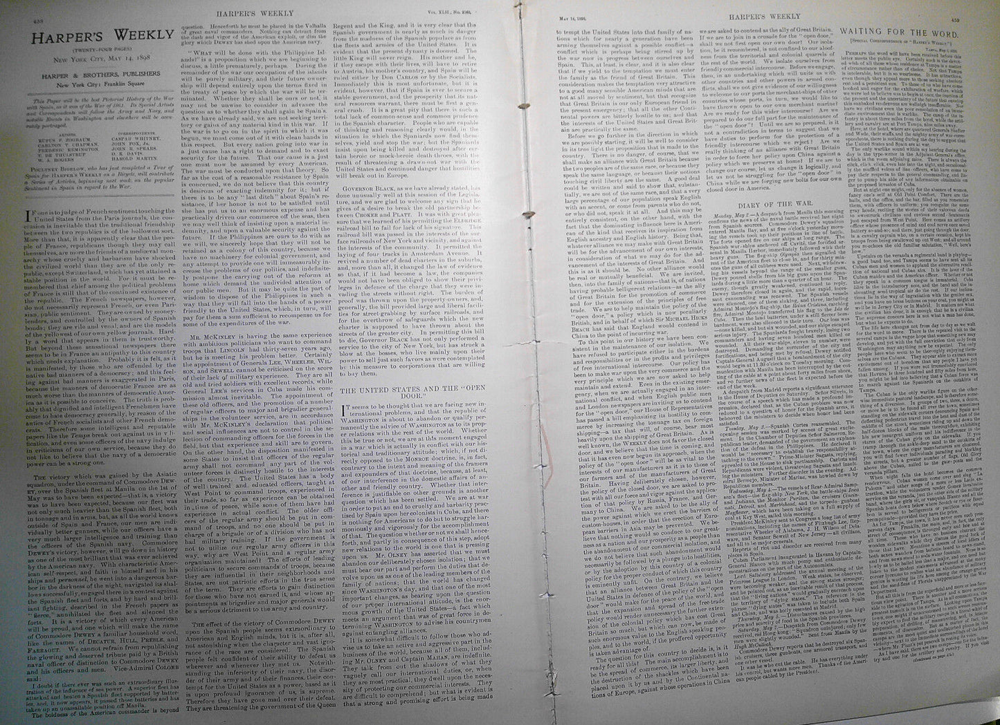 Harper's Weekly May 14 1898 :  Battle of Manila, Klondike gold map; Dewey; etc.